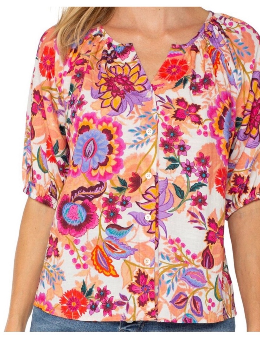 Liverpool Los Angeles Shirred Puff Sleeve Paradise Floral Pattern Button-Up Top